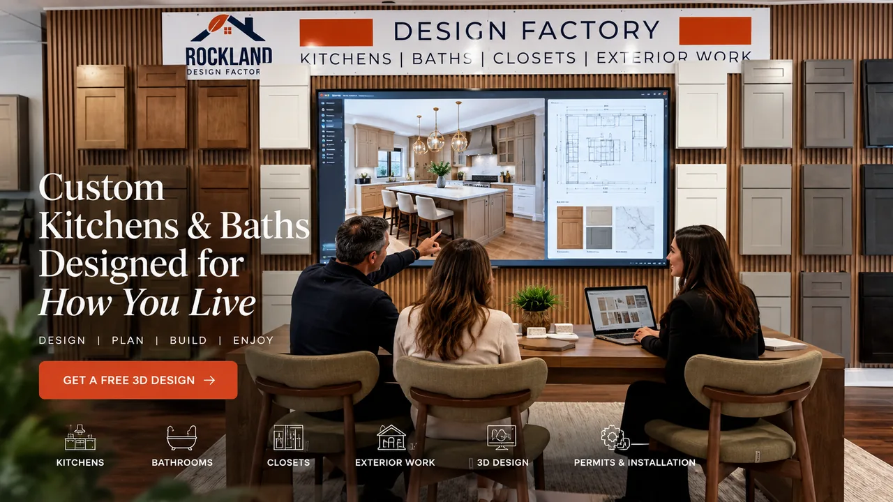 Promotional graphic supplied by Rockland Design Factory showing a kitchen design on screen beside a design consultation. Text and buttons in the graphic are part of the image.