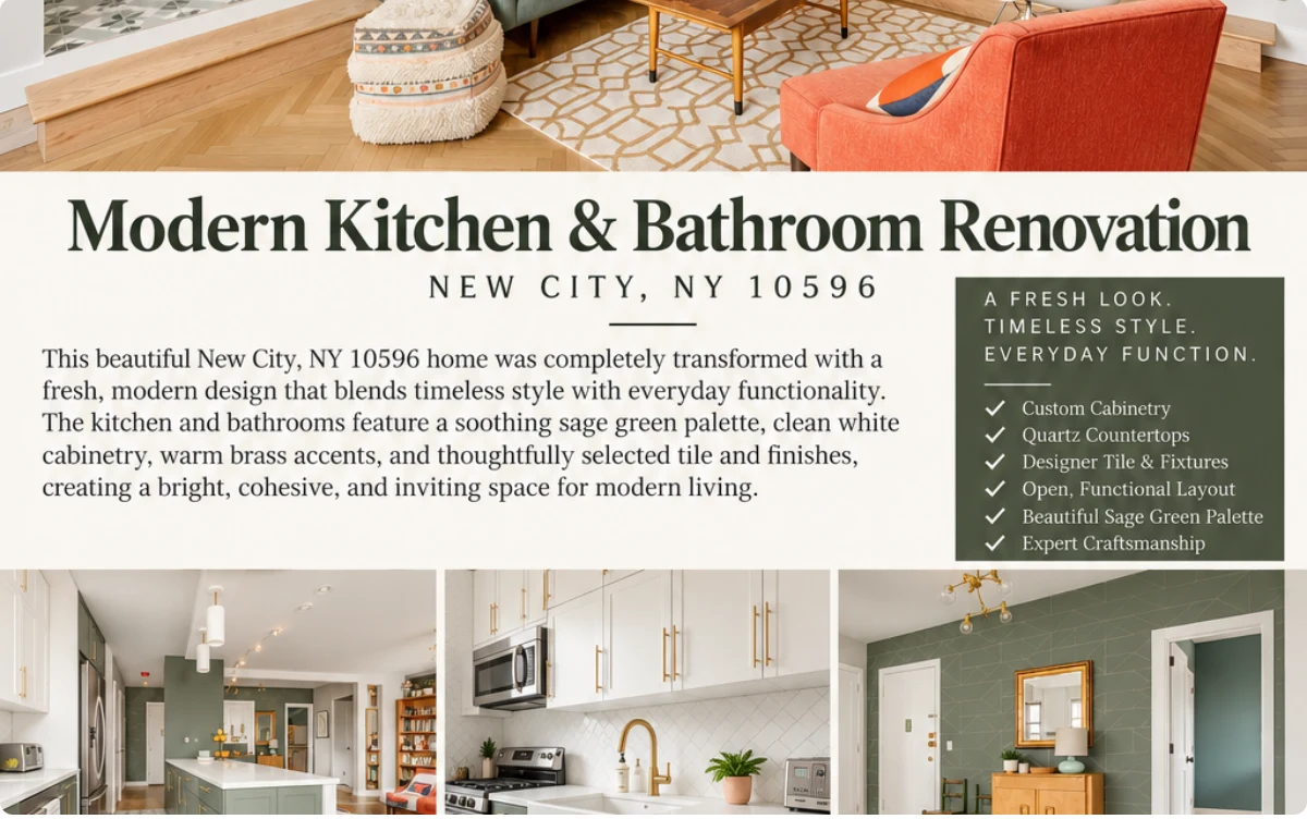 Owner-supplied collage of a New City, NY kitchen and bathroom renovation with white cabinets and sage-green walls