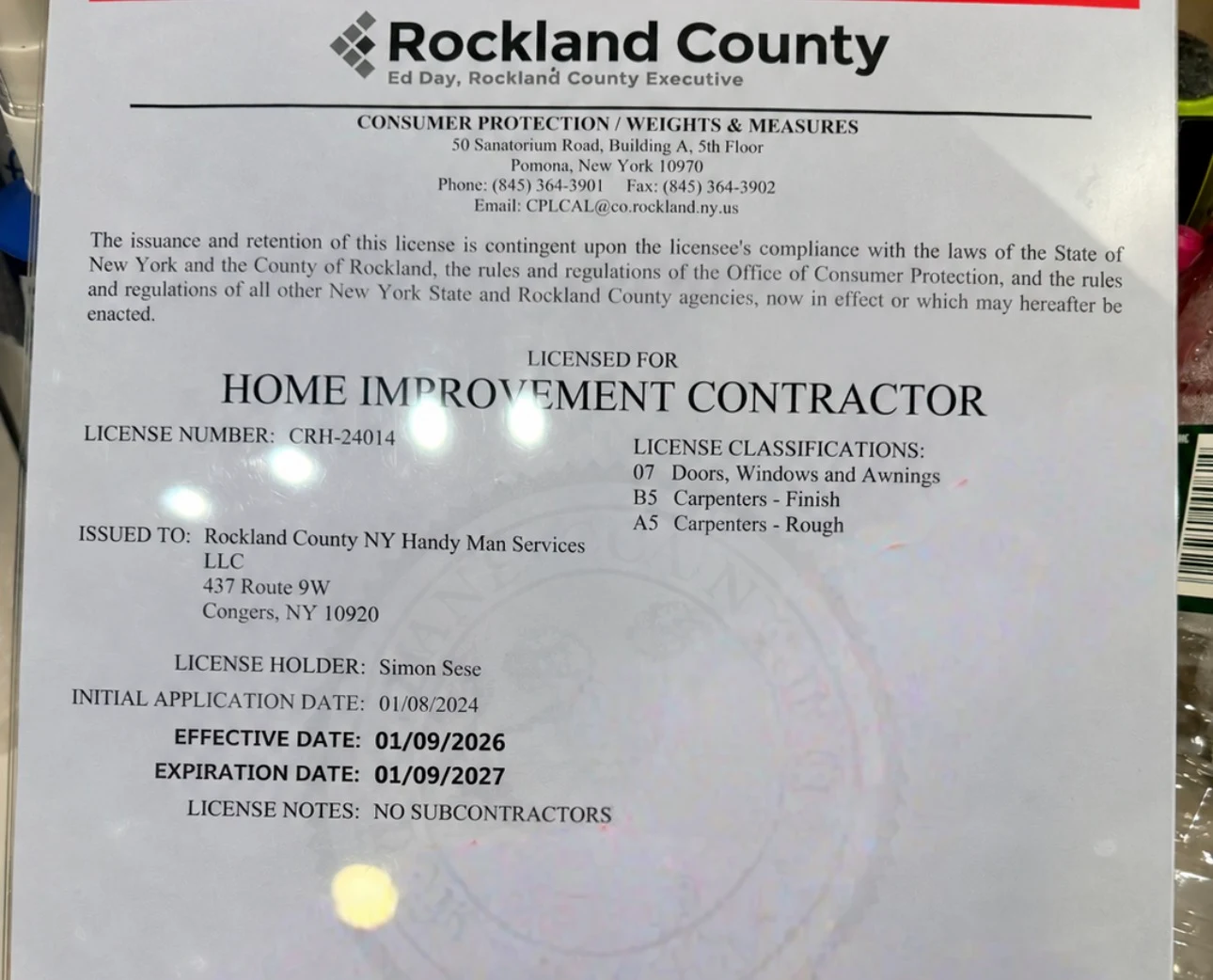 Rockland County home improvement contractor certificate issued to Rockland County NY Handy Man Services LLC