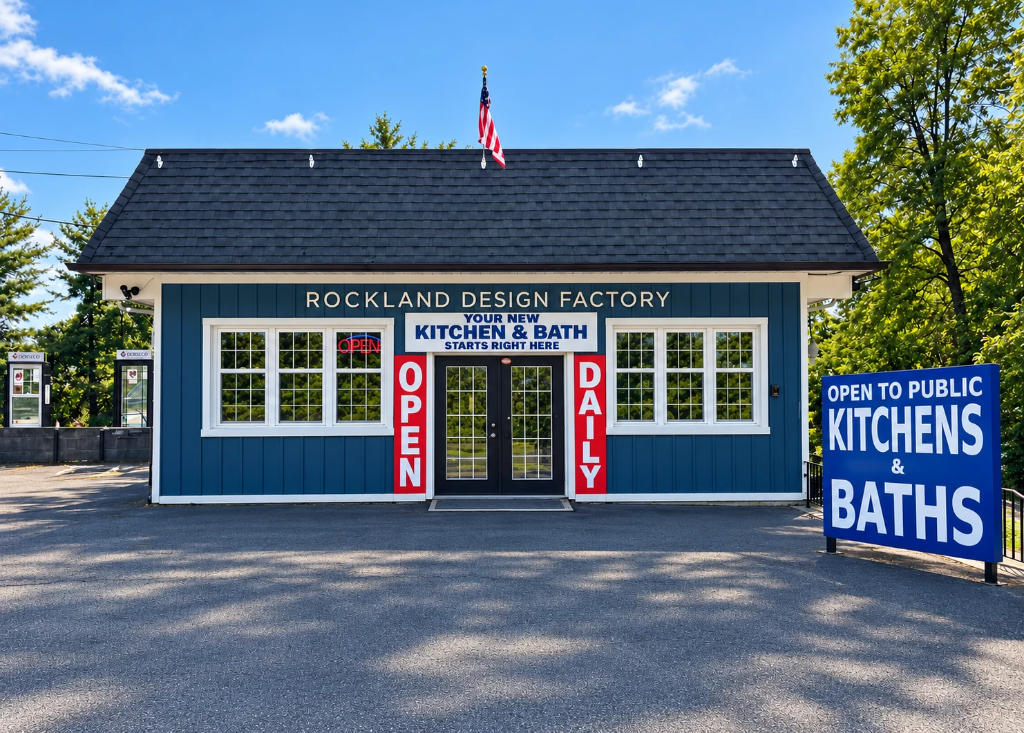 Retouched exterior image of the Rockland Design Factory showroom in Congers, NY, with kitchen and bath signage