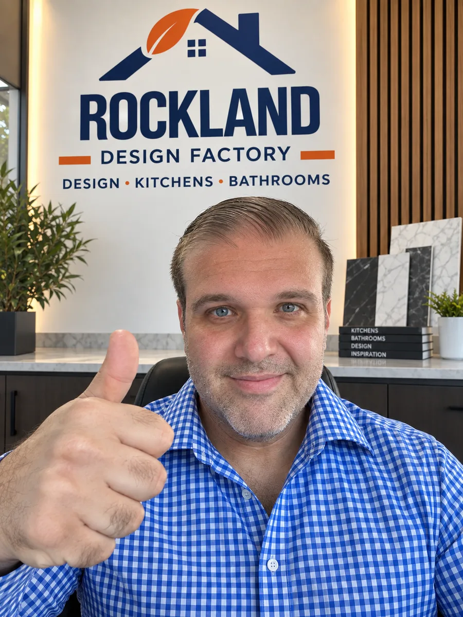 Rockland Design Factory team member giving a thumbs-up inside the Congers kitchen and bath showroom