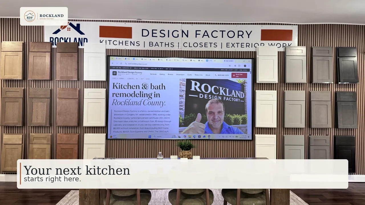 Cabinet door displays and the design area inside Rockland Design Factory's Congers showroom
