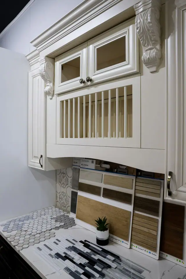 White cabinet hutch with open shelving and tile backsplash