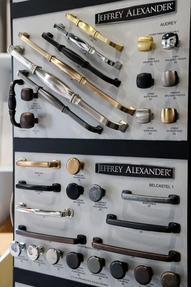 Drawer display filled with cabinet hardware samples