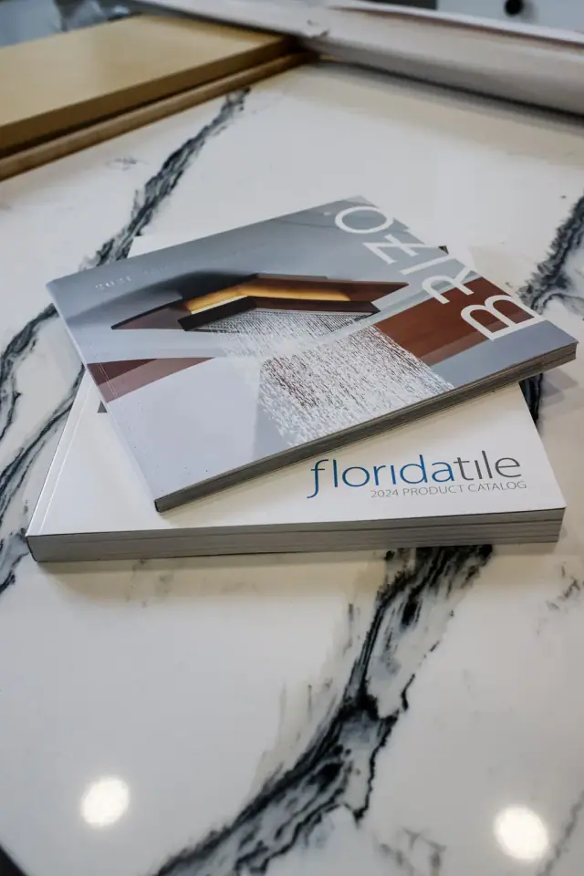Countertop edge and finish samples on a white surface