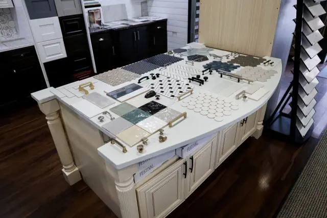 Large material planning table covered with finish samples