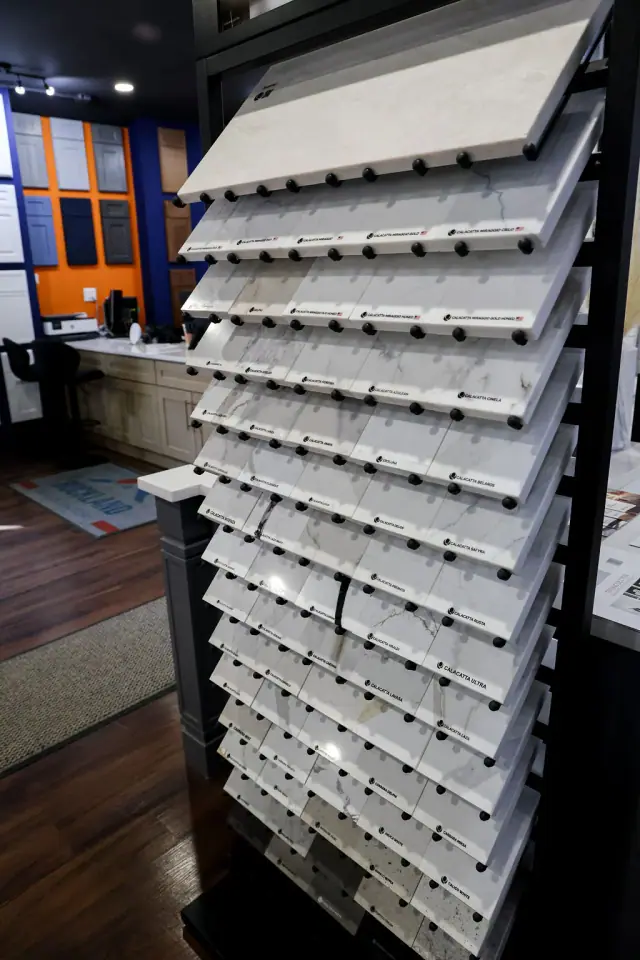 Tall rack of small rectangular finish and color samples