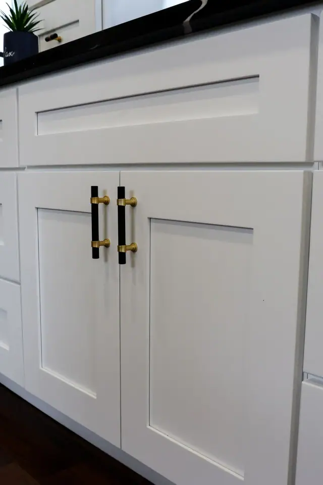 White cabinet door with brass bar pull and dark hinge detail