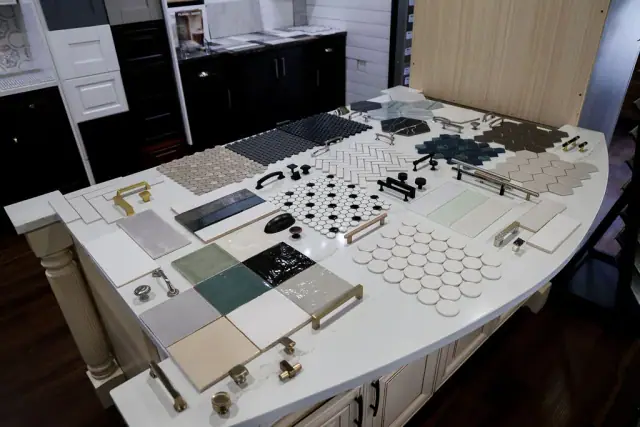 Material planning table with cabinet and hardware samples