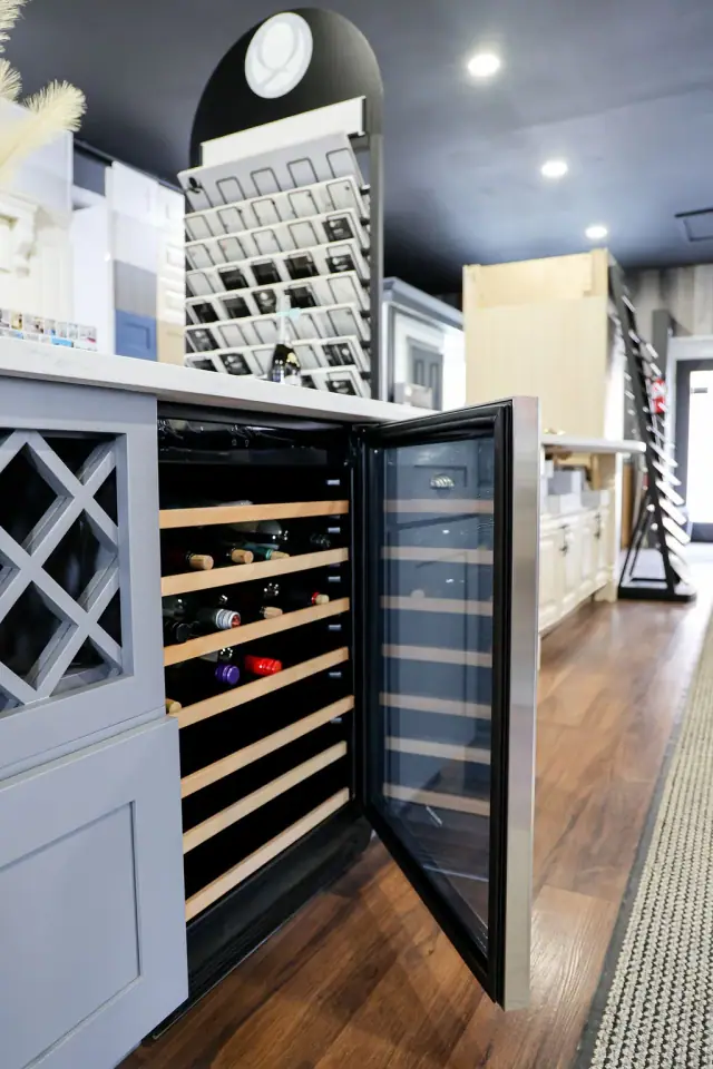 Blue-gray wine storage cabinet with open lattice section