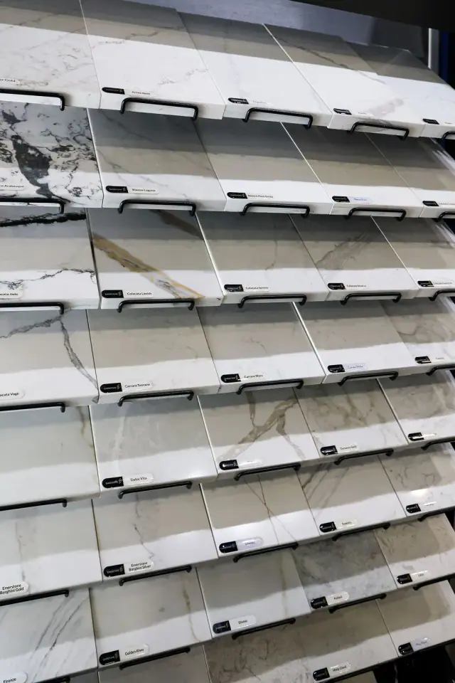 Wall-mounted racks of narrow countertop and trim samples
