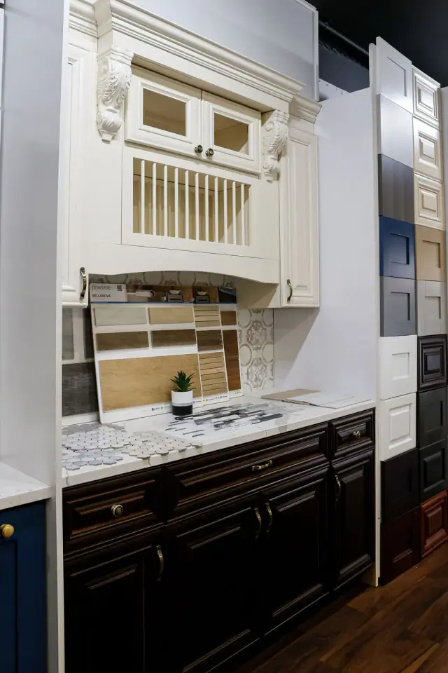 White hutch and dark base cabinet display viewed closely