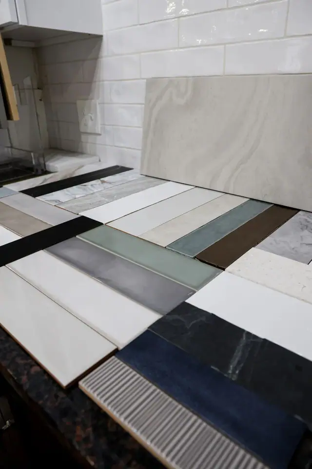 Mixed countertop boards spread across a narrow work surface