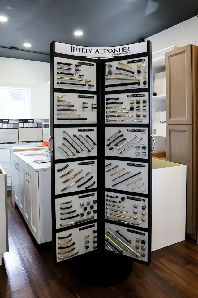 Two-sided rack of large cabinet and material samples