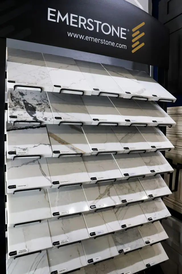 Wall-mounted rows of countertop and edge profile samples