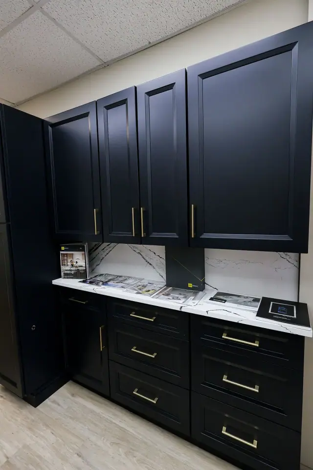Dark cabinet wall with black countertop and brass pulls