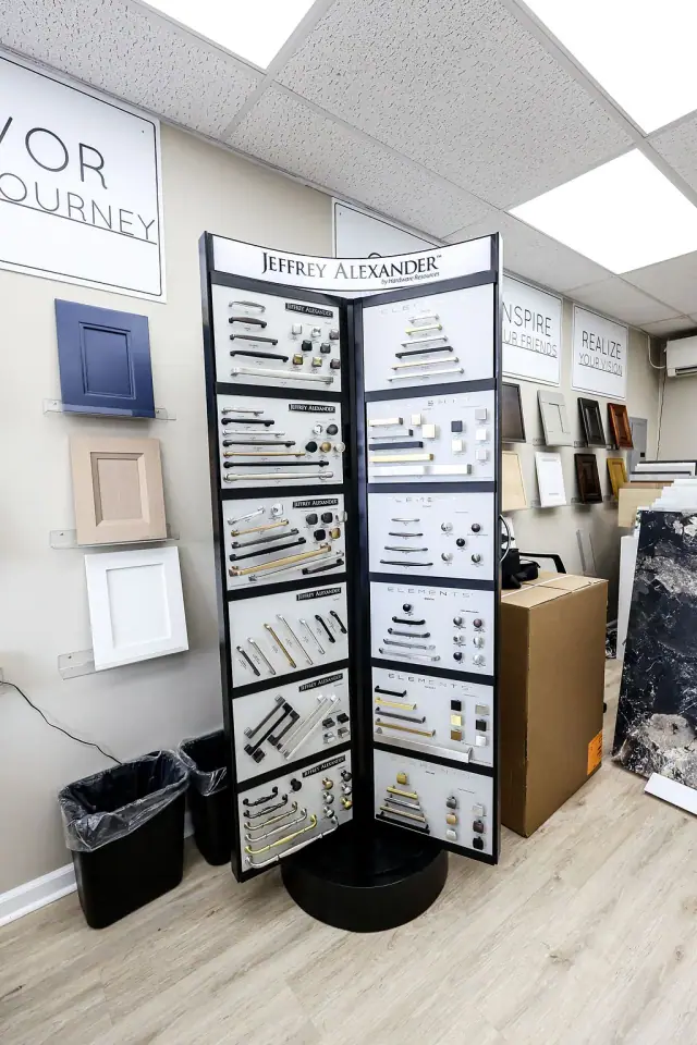 Rotating display racks filled with tile and surface samples