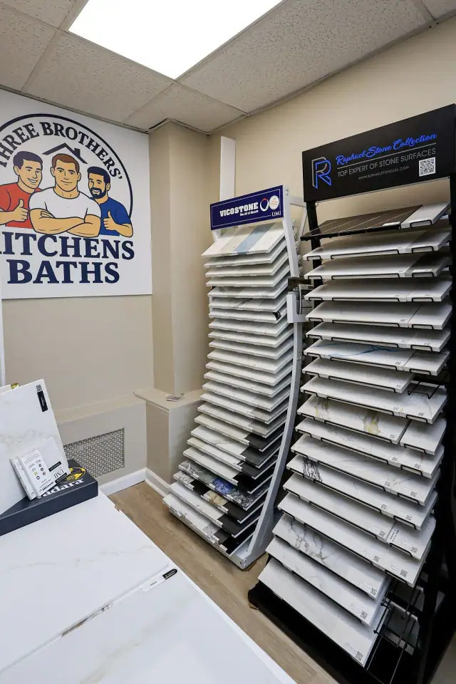 Tall pull-out rack of countertop and tile samples
