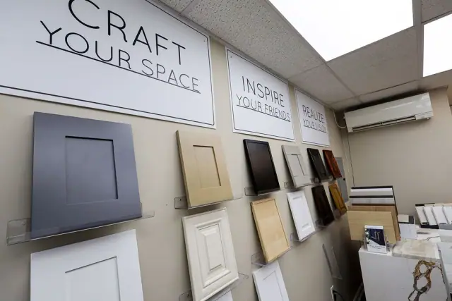 Craft wall of coordinated countertop and cabinet samples