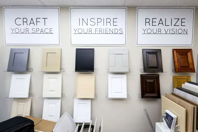 Craft display wall labeled curate, inspire, and realize